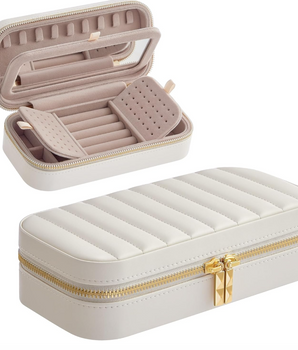 White Quilted Jewellery Travel Case / Leather