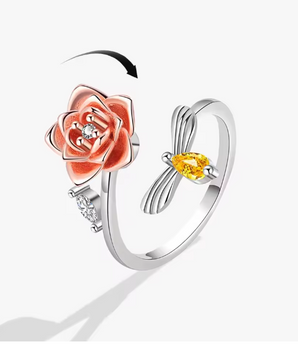 Red Rose & Bee Spinning Ring / 925 Sterling Silver