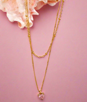 Roma Layered Pink Heart Necklace / 18K Gold Plated