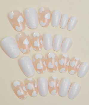 White Heart & Glitter Press on Nails / 24 Pack