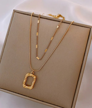 Zoe Double Chain Square Pendant Necklace / 18K Gold Plated - Nina Kane Jewellery