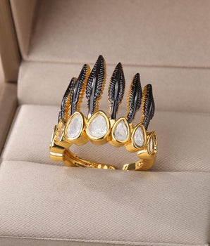 Black Feather Crown Ring / Stainless Steel - Nina Kane Jewellery