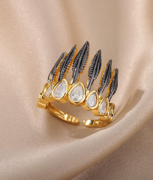 Black Feather Crown Ring / Stainless Steel - Nina Kane Jewellery